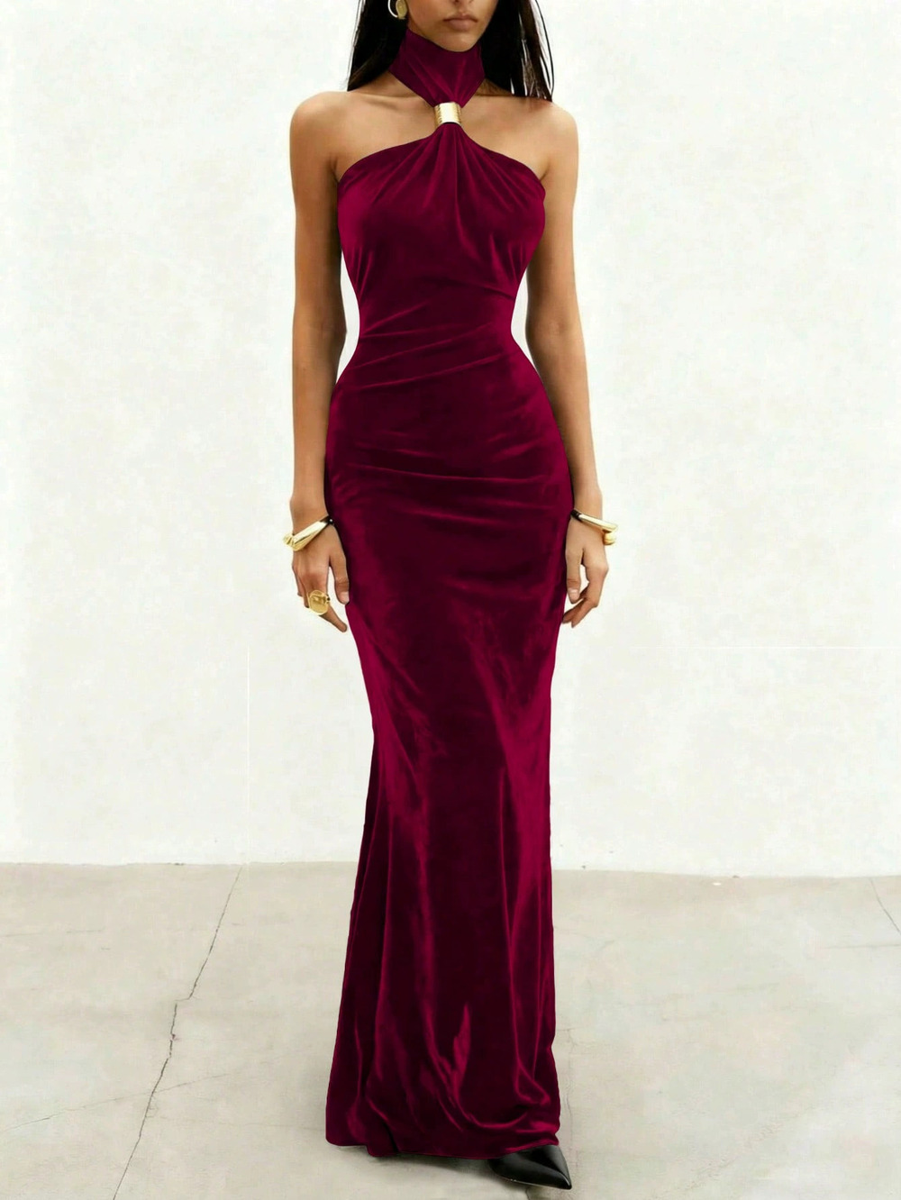 ZARA Velvet Halter Neck Backless Maxi Dress Metal Buckle Waist Slimming Elegant
